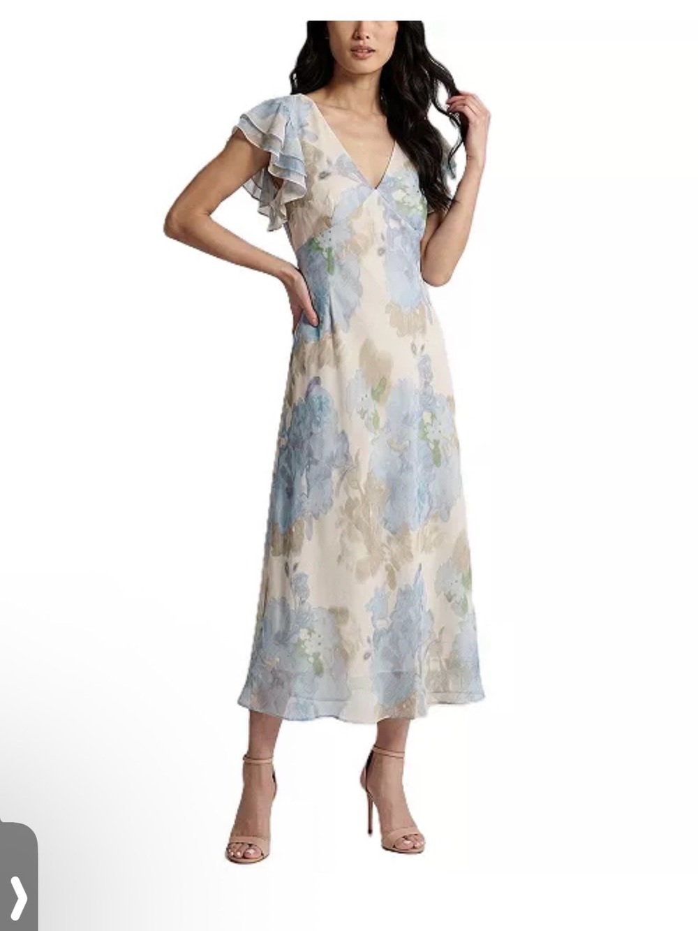 Taylor Watercolor Floral Midi Dress in Blue and Cream